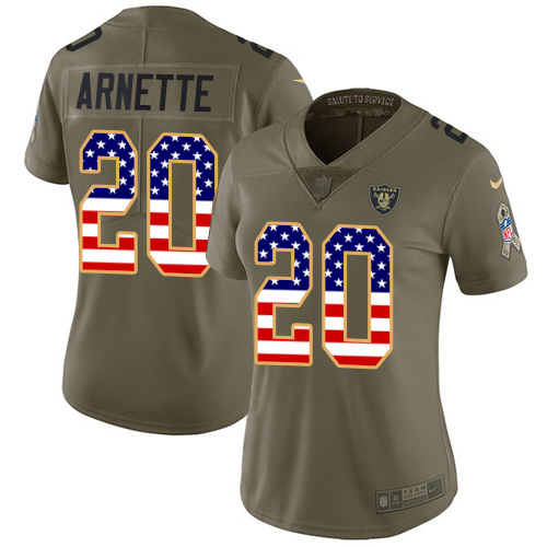 Nike Raiders #20 Damon Arnette Olive/USA Flag Women's Stitched NFL Limited 2017 Salute To Service Jersey